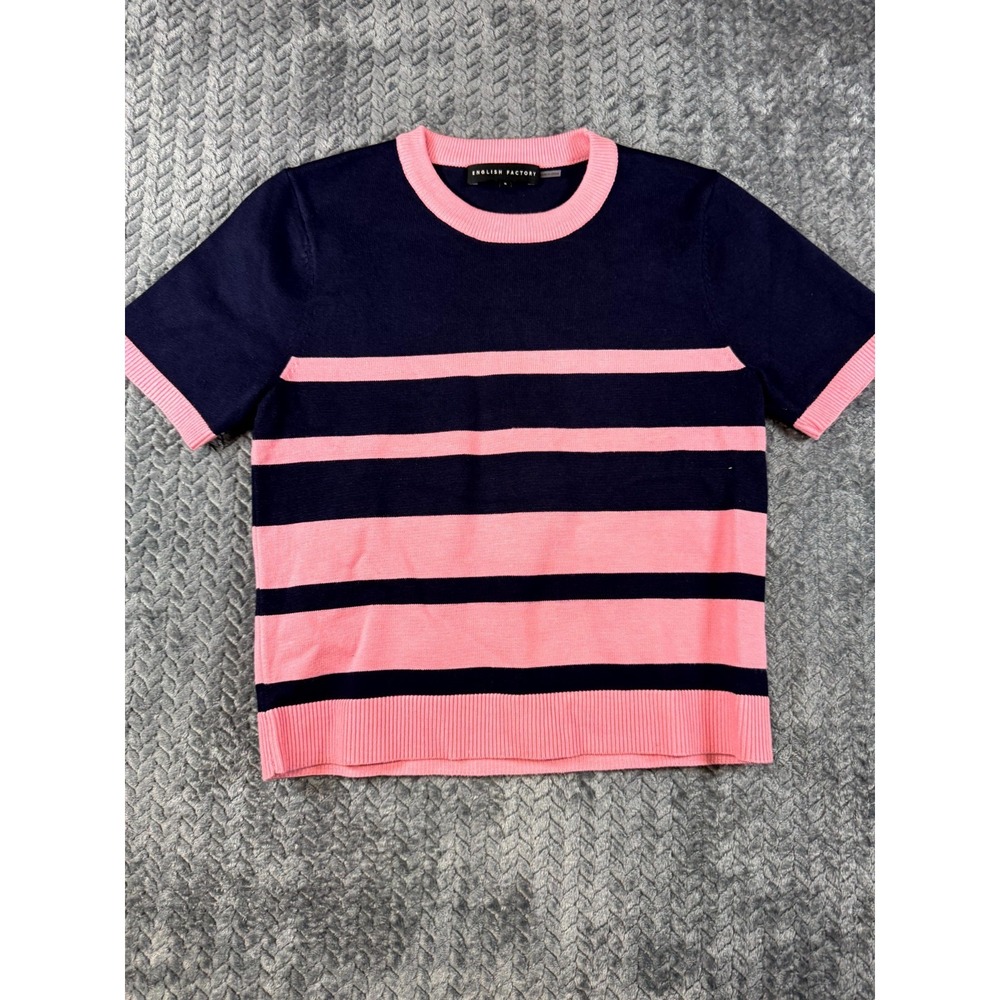 English Factory Sweater Womens Small Pink Blue Striped Short Sleeve Crewneck